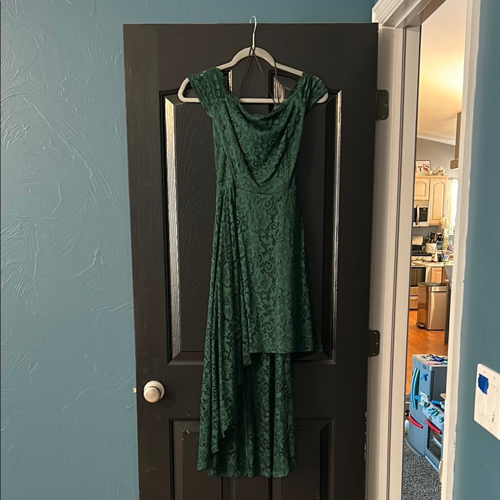 Elegant Green Lace Dress, high-low hem, off the shoulder
